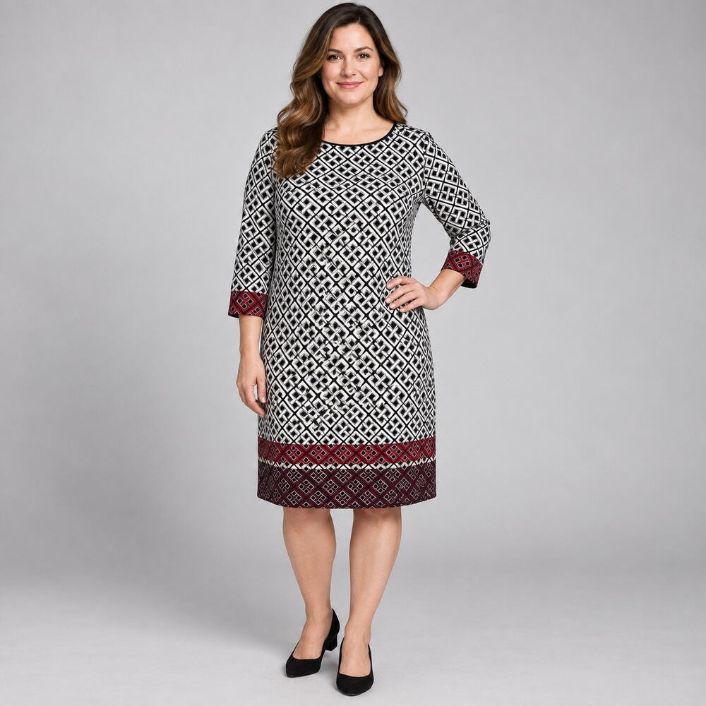 White House Black Market Black Ivory Geo Print Keyhole Shift Dress L